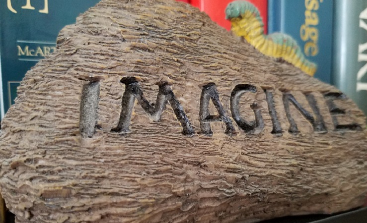 Plastic rock that says 'imagine'